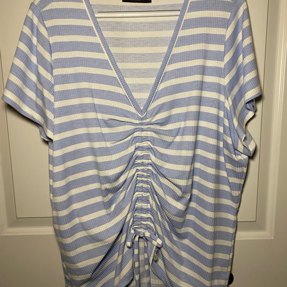 Lane Bryant Blue and White Ruched Tie Front T-Shirt